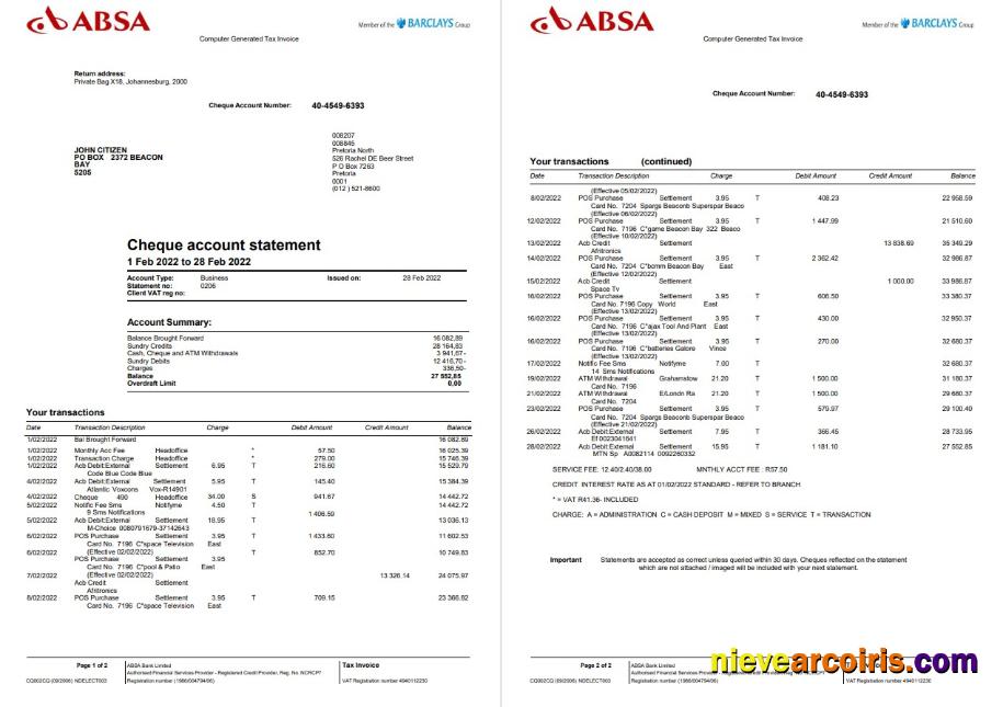 United Kingdom Absa bank statement, Word and PDF, 2 pages